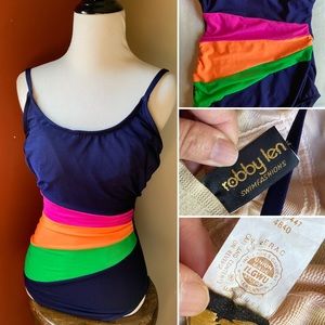 Vintage Union Made Rainbow Color Blocks Robby Len Bathing Suit Swimwear Size M